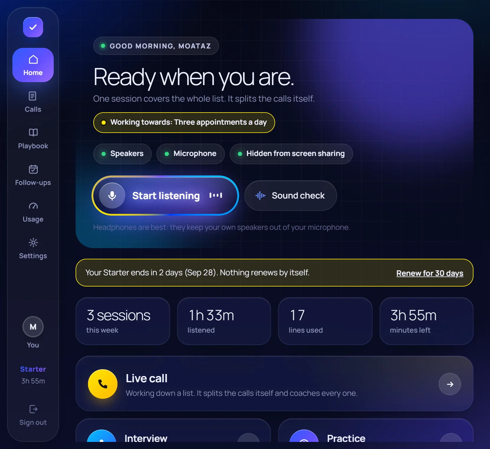 Axelerate Ear's Home screen with a glowing Start listening button.