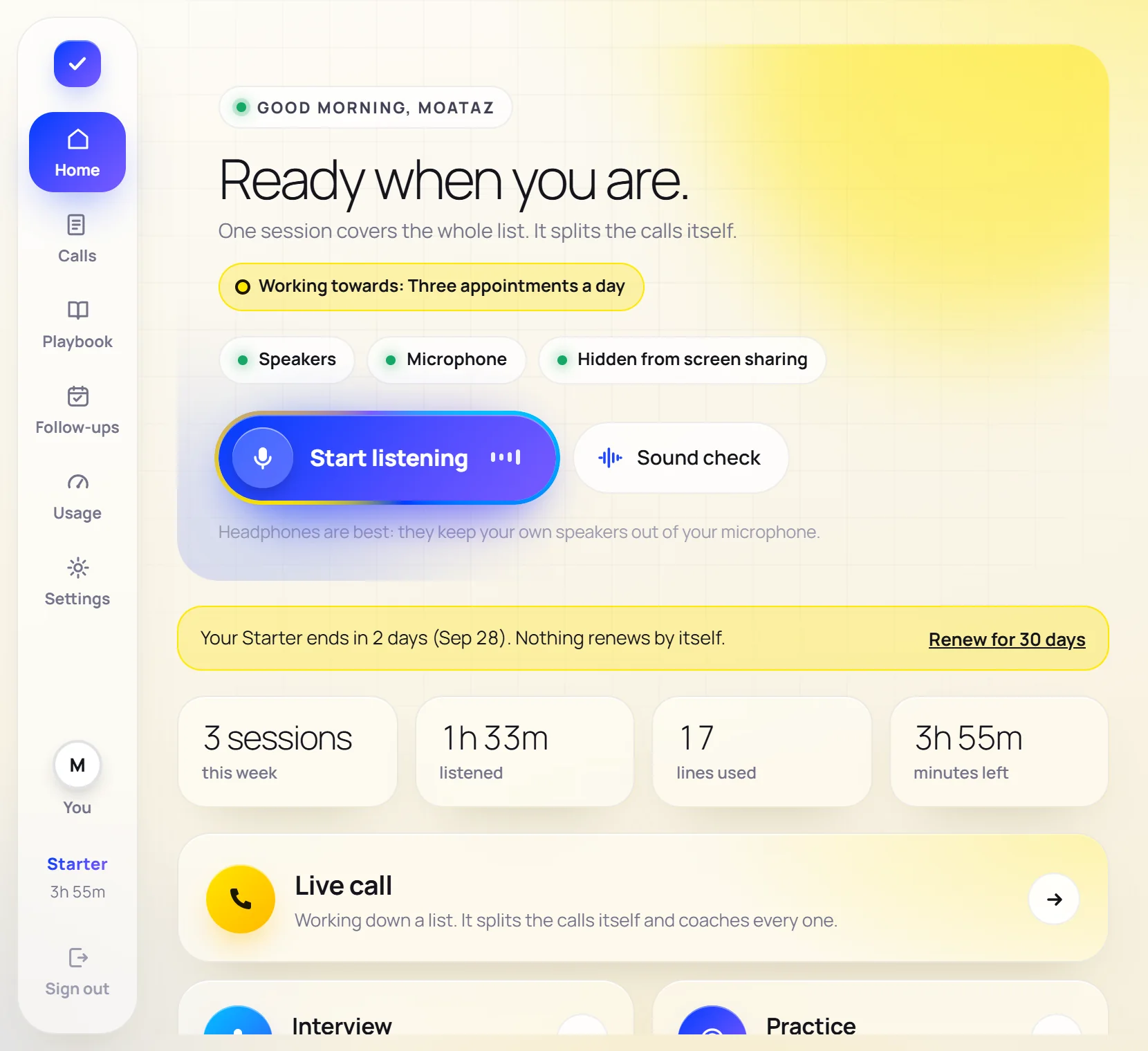 Axelerate Ear's Home screen with a glowing Start listening button.