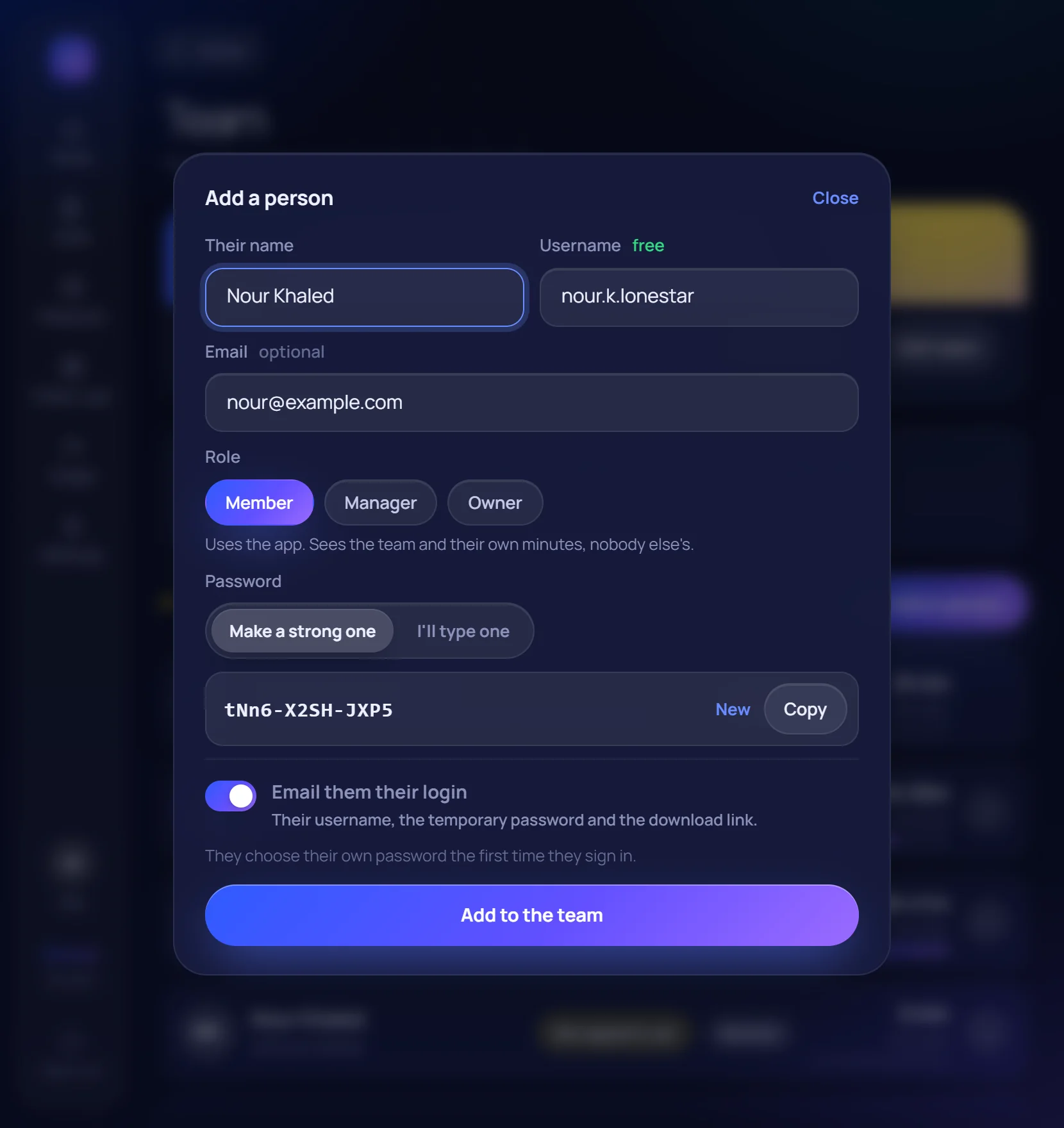 Adding a person: name, username, optional email, role, a strong password and Email them their login.