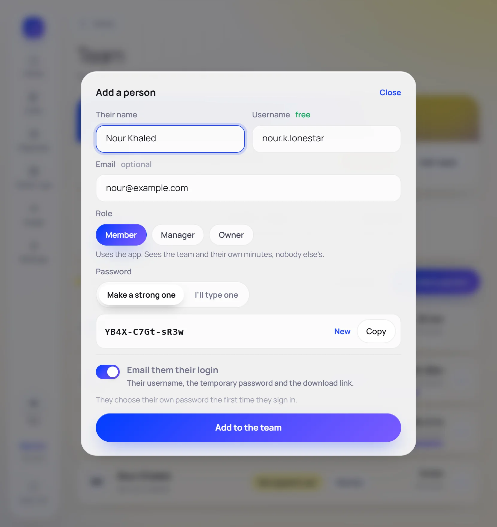 Adding a person: name, username, optional email, role, a strong password and Email them their login.