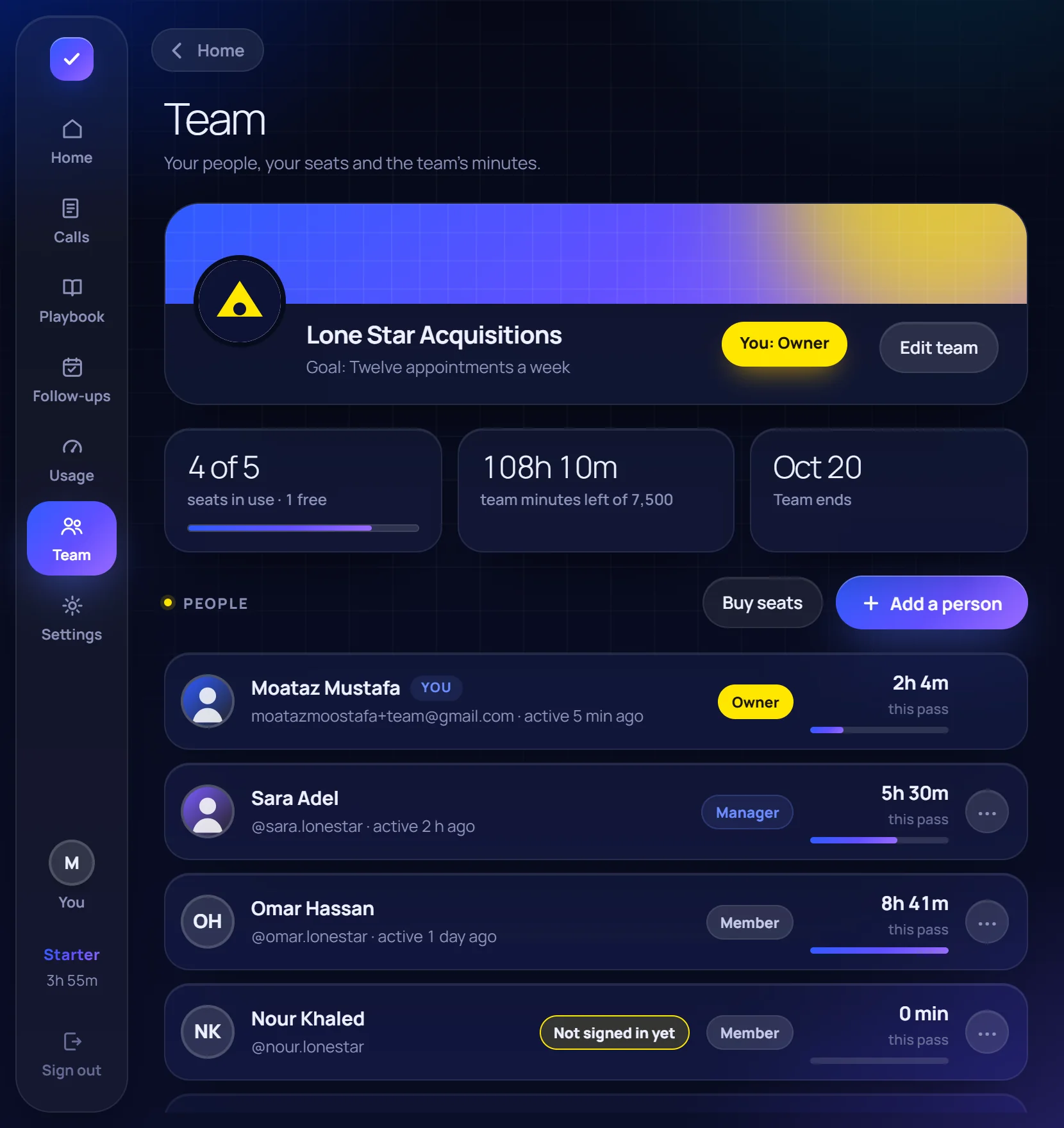 The Team page: seats, the team's minutes and its people.