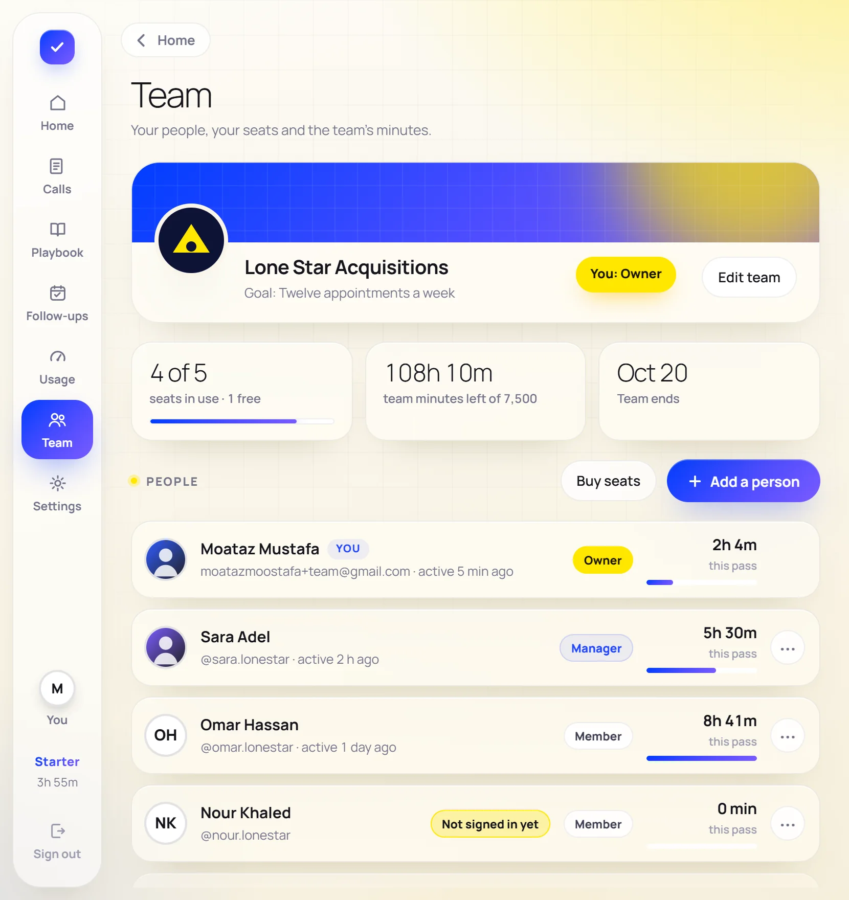 The Team page: seats, the team's minutes and its people.